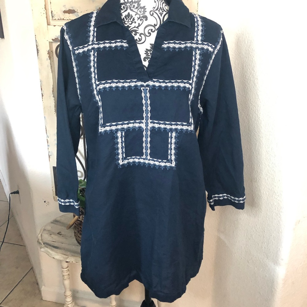 Brooks brothers blue embroidered detail linen blend tunic top
